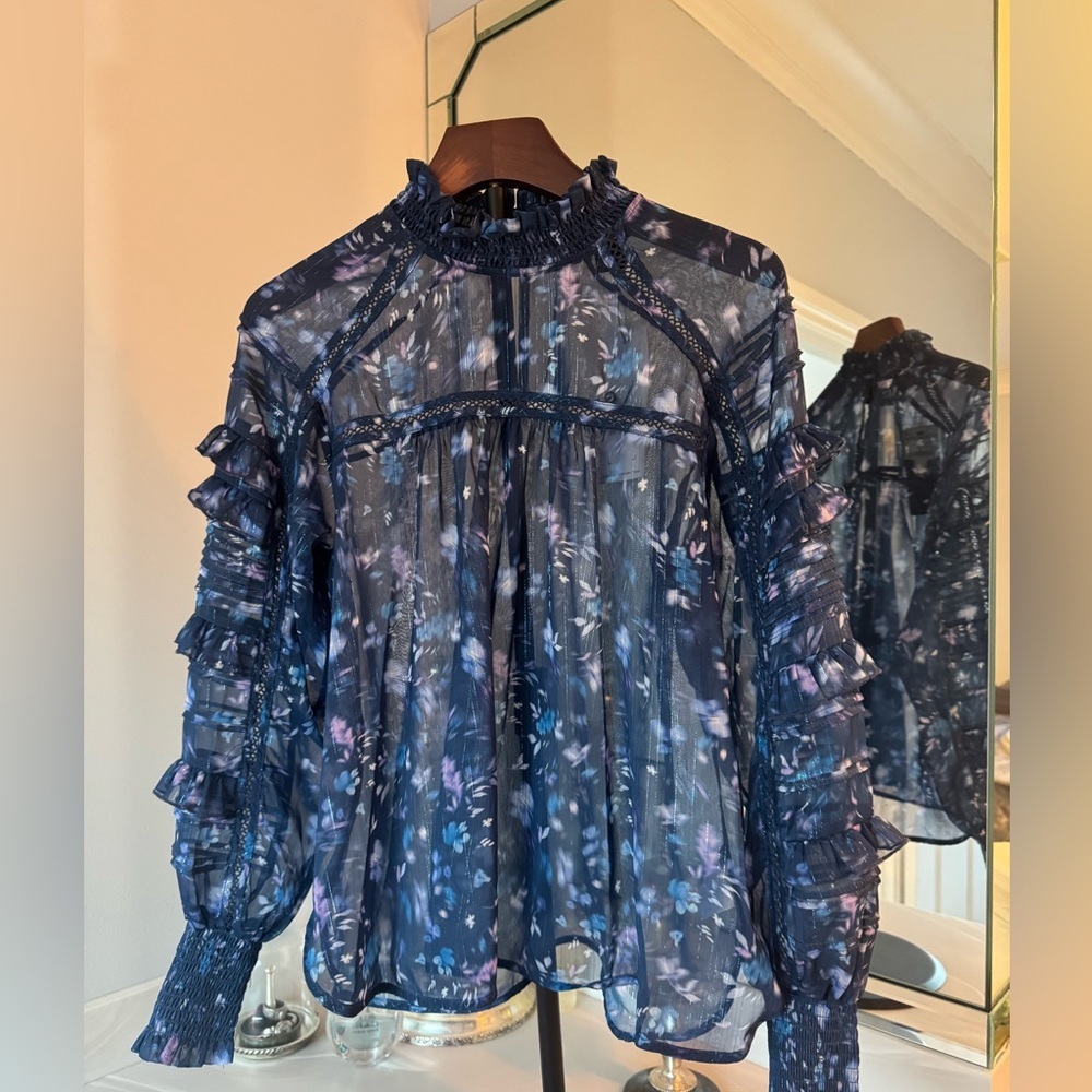 French Connection Navy Floral Ruffle Blouse US Small NWT - Picture 2 of 6